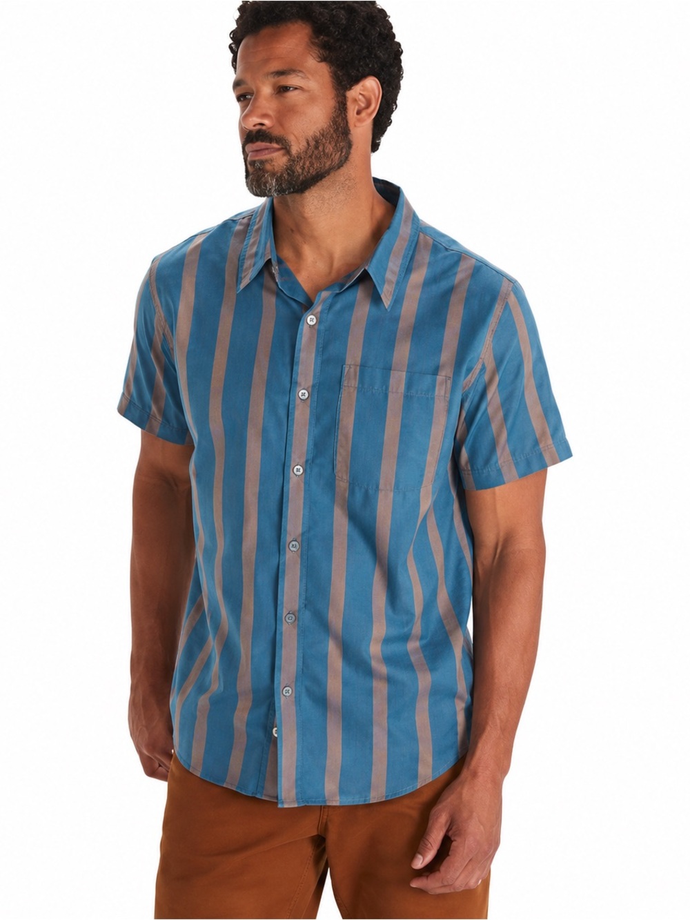 Vintage Marmot Mountain Works Camp Shirt Blue Rust Striped Short Sleeve Mens L